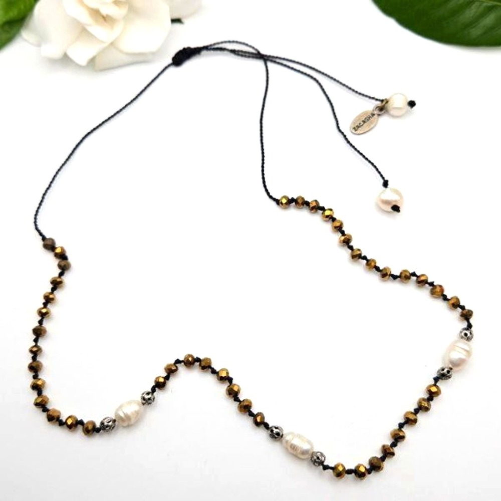 Zacasha Long Hand Knotted Goldtone and Genuine Baroque‎ Pearl Beaded Necklace
